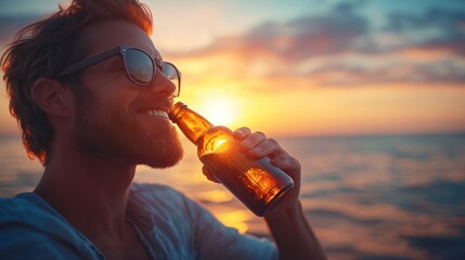A cheerful man sipping beer from a bottle as the sun sets over the beach, with the vibrant colors of the sky reflecting off the water