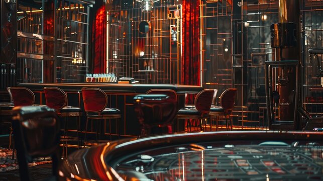 A sophisticated casino interior with red accents, showcasing a gambling table in the foreground, highlighting the allure of high-stakes gaming. - Powered by Adobe