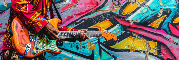 A street musician plays a electric guitar in front of a vibrant graffiti wall, symbolizing creativity, music, urban art, expression, and passion.