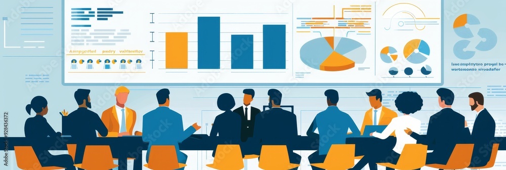 Poster a team of diverse individuals are gathered around a table, analyzing data displayed on a large scree