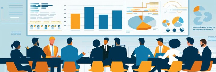 A team of diverse individuals are gathered around a table, analyzing data displayed on a large screen behind them.  The charts and graphs illustrate various aspects of business performance, highlighti