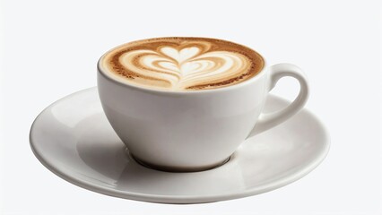 Cup of cappuccino with heart shape latte, isolated cutout on transparent background