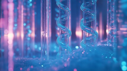 Colorful laboratory setup displaying glass test tubes with swirling liquid and vibrant lighting effects at night