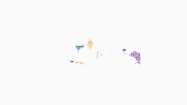 Indonesia regions word cloud animation. Country logo animated video. Indonesia colored text cloud. Regions typography style motion graphics. Awesome video.