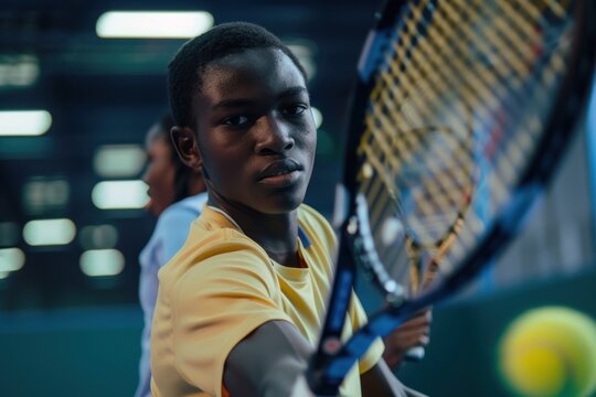 Two African American youth playing tennis indoors view from the side room for text