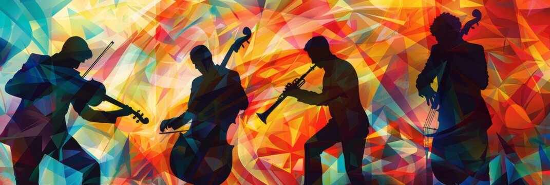 A vibrant and artistic image of a string quartet playing against a colorful, abstract background. The silhouettes of the musicians create a sense of energy and movement, while the abstract shapes and 