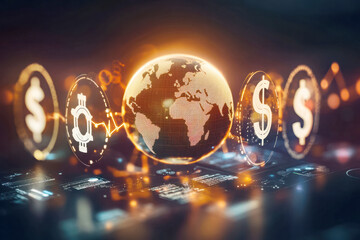 Digital globe with financial symbols and data, representing global finance, currency exchange, and economic technology in a futuristic setting
