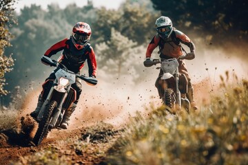 Two motorcyclists in gear riding an enduro bike epic rock motocross race concept assisting at competition