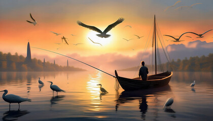 man fishing with his boat on the lake, birds and mystical landscapes at a wonderful sunrise time