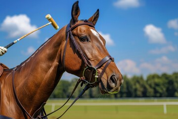 Obraz premium Young stallion polo player with shaved mane in natural setting Blue sky green field
