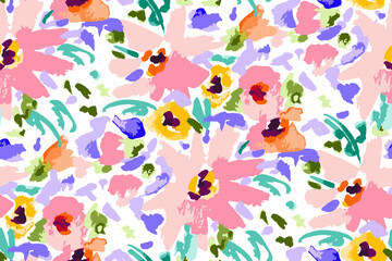 Abstract floral seamless pattern. Bright colors, gouache painting.hand drawn, not AI