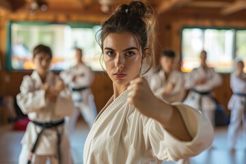 Young woman at family karate class doing armlock on husband as kids watch sparring in background