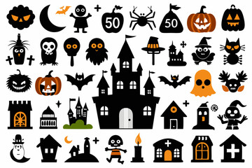 A set of Halloween silhouette elements on a white background. Set of icons for celebration. Vector illustration