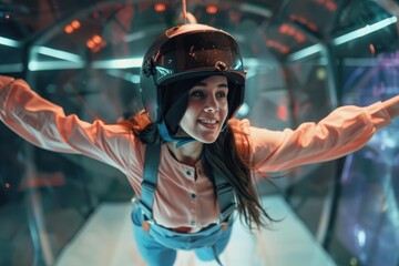 Young woman in overalls and helmet likes wind tunnel free fall simulation