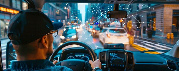 Delivery Van with Augmented Reality Navigation Guiding Driver Through Busy Urban Streets