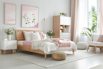 Fototapeta premium Cozy white and pink bedroom with wooden furniture, light grey floor, and modern decor, featuring a chest of drawers, bookcase, and bed.