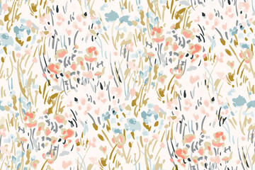 Cute feminine seamless watercolor pattern with little tiny wildflowers, hand drawn, not AI