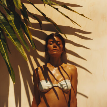 Attractive tan brunette woman in white strapless bikini standing in shade on sunny hot tropical day