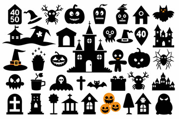 A set of Halloween silhouette elements on a white background. Set of icons for celebration. Vector illustration