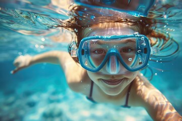 Naklejka premium Youngster plunging and swimming underwater in pool summer or sports motif