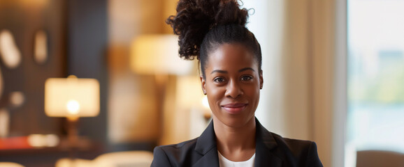 Headshot portrait of black woman standing in luxury home office interior
