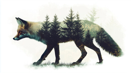 Obraz premium A stunning double exposure image that blends the silhouette of a majestic animal with a serene forest landscape, creating a harmonious connection between wildlife and nature.