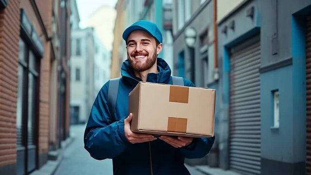A happy delivery man with a parcel ready for delivery is shown wearing a uniform and cap.