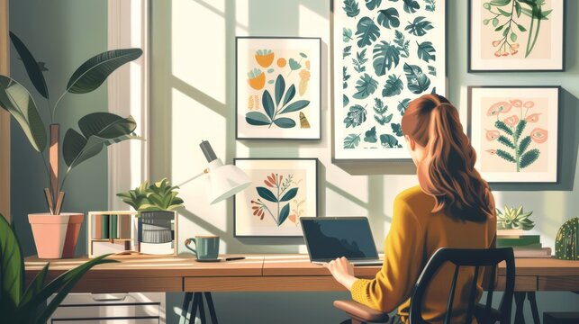 A woman sits at a desk with a laptop, surrounded by plants and natural light streaming in the window.  The desk is organized with a cup of coffee, books, and plants.  The woman is wearing a yellow swe