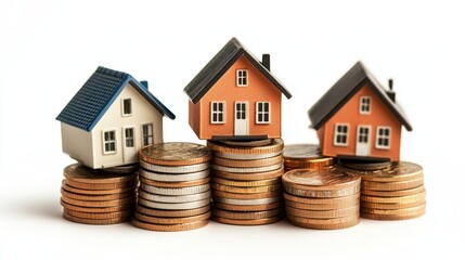 Real estate investment with A miniature house model surrounded by stacks of coins on a table, symbolizing real estate investment and financial growth,Concept for property ladder,Saving money.