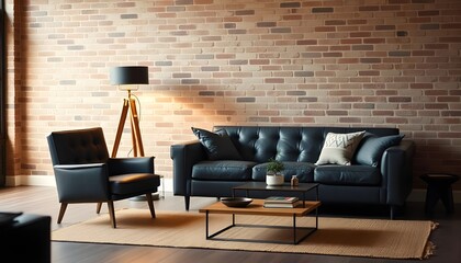 A living room with a couch a table and a lamp