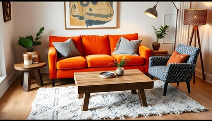 A living room with a couch a table and a lamp