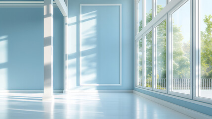 Fototapeta premium empty pastel blue house exterior with large windows