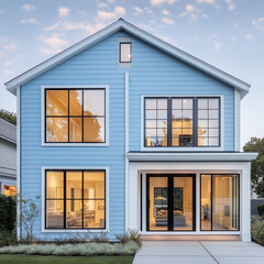  empty pastel blue house exterior with large windows
