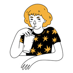 Woman drinks lemonade.  Hand drawn vector illustration. Doodle art.