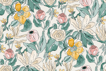 Abstract floral seamless pattern. Bright colors, gouache painting.hand drawn, not AI