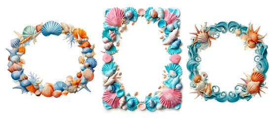 Set of frames, illustrations of seashells in blue, orange, pink, turquoise colors. Summer photo frame for photos from vacation, vacation at sea, on the beach, flyer, invitation, template for decoratio
