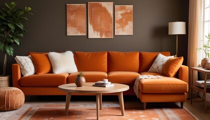 A living room with a couch a table and a lamp