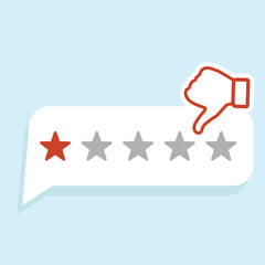Message bubble with thumb down and one star rating. Feedback concept. Simple vector illustration in flat style