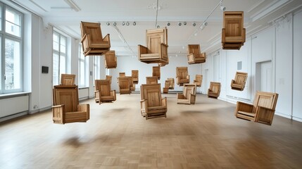 Floating wooden chairs in a modern, white-walled gallery space with large windows and parquet flooring.