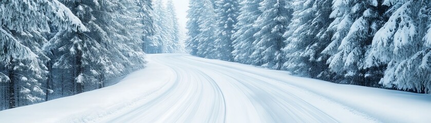 A serene winter road surrounded by frosty trees, creating a peaceful scene of snow-covered landscape and tranquility.