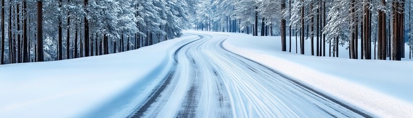 A serene winter road surrounded by snow-covered trees, perfect for evoking a peaceful, tranquil atmosphere.