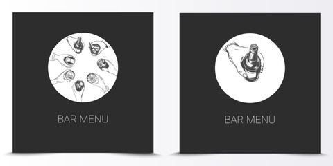 Minimal trendy Bar menu cover with hands holding cocktails and drinks. cocktails list bar design template. vector illustration