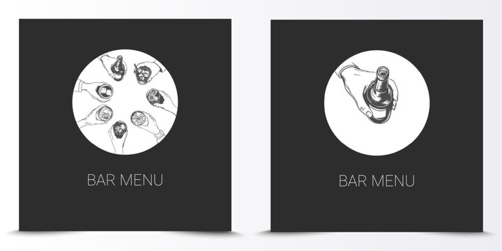 Minimal trendy Bar menu cover with hands holding cocktails and drinks. cocktails list bar design template. vector illustration