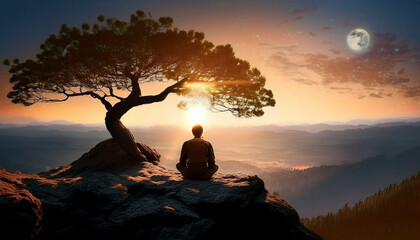 A man reading a book alone on a peaceful cliff under a tree at sunrise and magnificent views