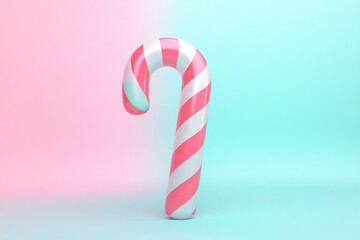 A 3D candy cane with a playful twist on a pastel mint background