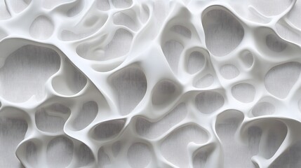 83. Abstract 3D wall art with interconnected geometric forms and sleek surfaces creating a dynamic pattern against white.