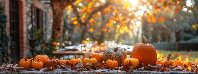 outdoor table with pumpkins and leaves in front of country house. fall aesthetic and autumn vibes. cozy, minimalistic atmosphere. banner