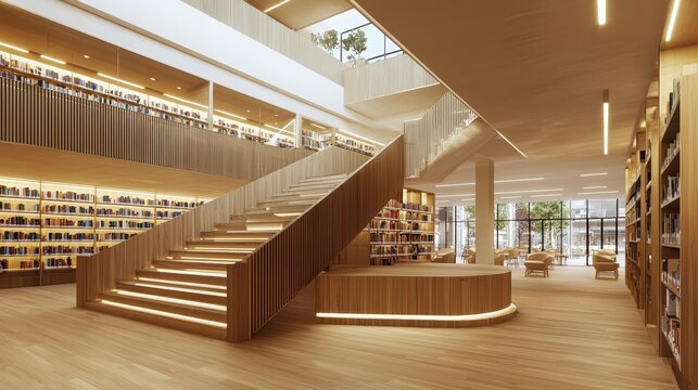 Modern Library Interior With Wooden Staircase and Bookshelves.