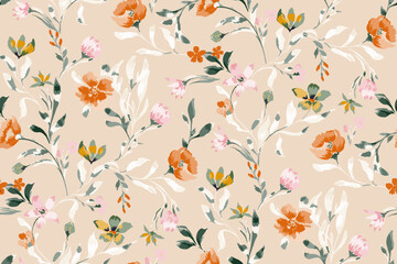 Cute feminine watercolor seamless pattern with wildflowers.hand drawn, not AI