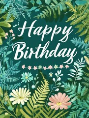 A vibrant birthday card design featuring floral elements and the text "Happy Birthday."